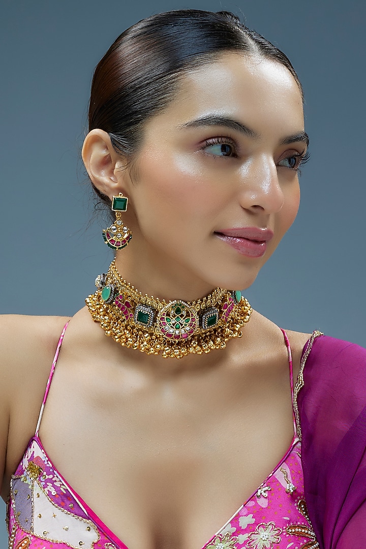 Gold Finish Kundan Polki & Semi-Precious Stone Necklace Set by Tad Accessories at Pernia's Pop Up Shop