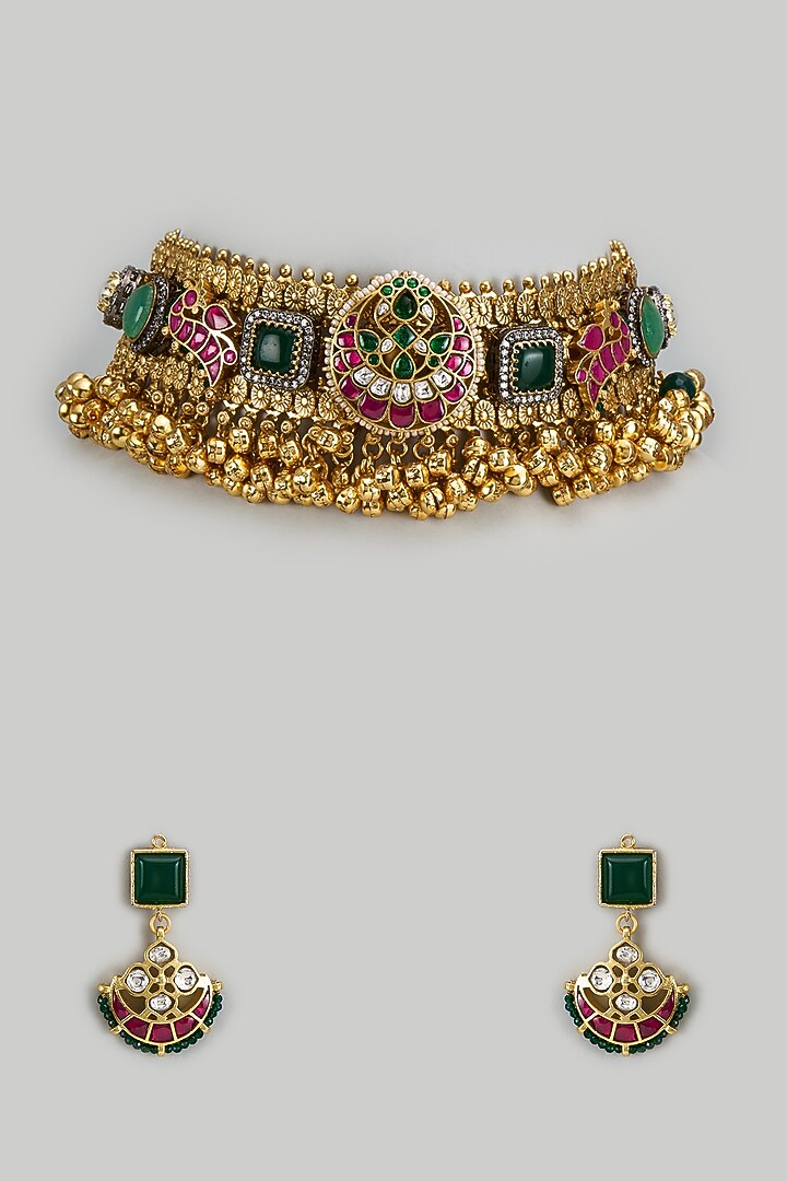 Gold Finish Kundan Polki & Semi-Precious Stone Necklace Set by Tad Accessories at Pernia's Pop Up Shop