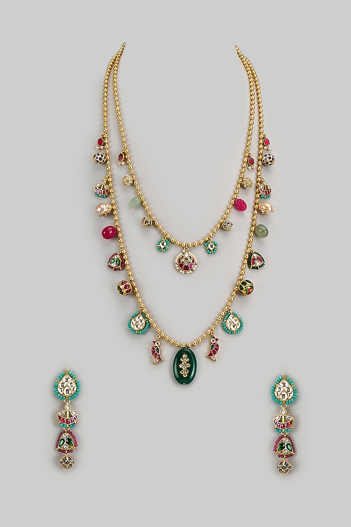 Gold Finish Kundan Polki & Multi-Colored Semi-Precious Stone Necklace Set by Tad Accessories at Pernia's Pop Up Shop