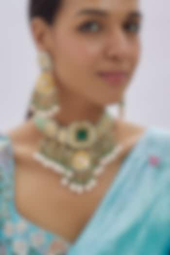 Gold Finish Kundan Polki & Green Semi-Precious Stone Necklace Set by Tad Accessories at Pernia's Pop Up Shop