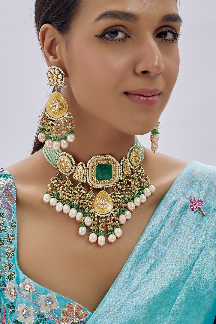 Gold Finish Kundan Polki & Green Semi-Precious Stone Necklace Set by Tad Accessories at Pernia's Pop Up Shop