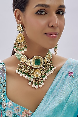 Gold Finish Kundan Polki & Green Semi-Precious Stone Necklace Set by Tad Accessories