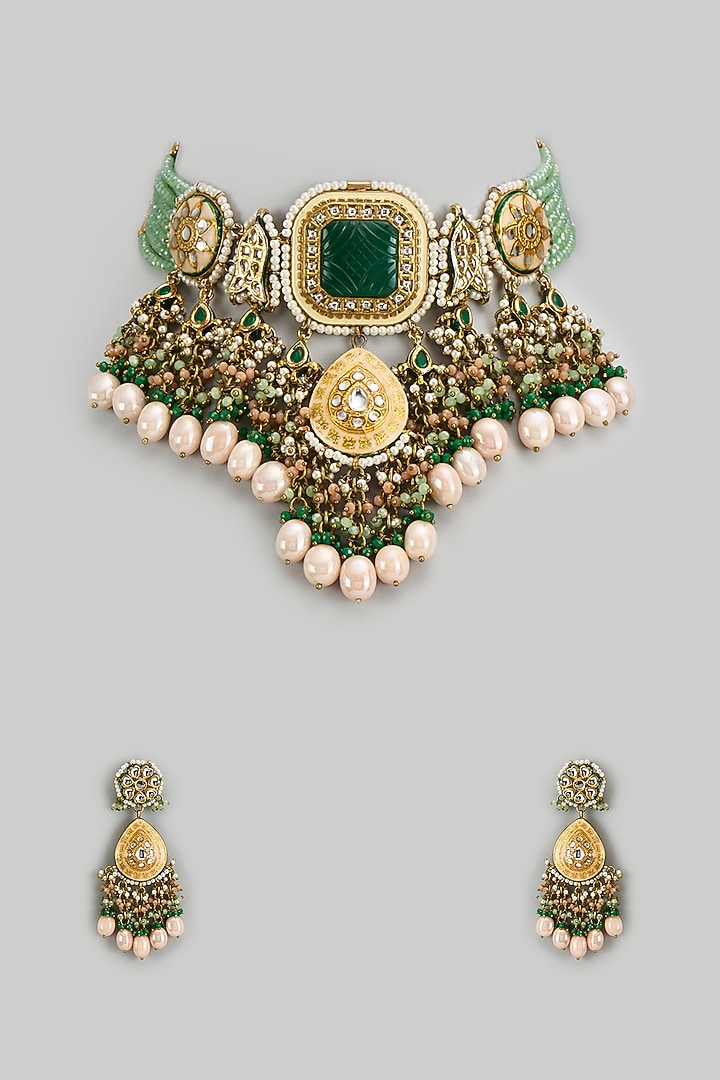 Gold Finish Kundan Polki & Green Semi-Precious Stone Necklace Set by Tad Accessories at Pernia's Pop Up Shop