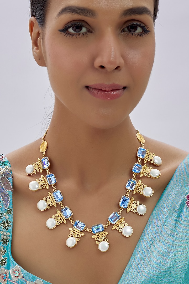 Gold Finish White Swarovski Stone Necklace by Tad Accessories at Pernia's Pop Up Shop