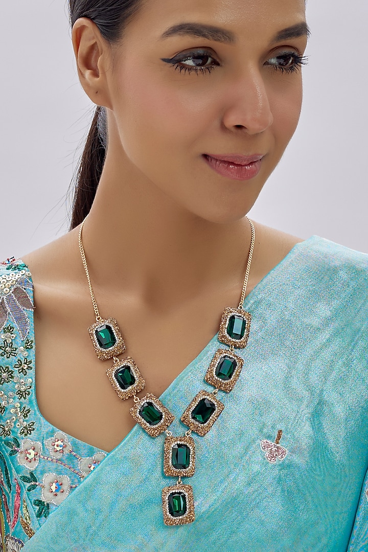 Gold Finish Green Swarovski Stone Necklace by Tad Accessories at Pernia's Pop Up Shop