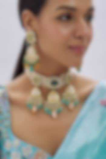 Gold Finish Kundan Polki & Semi-Precious Stone Choker Necklace Set by Tad Accessories at Pernia's Pop Up Shop