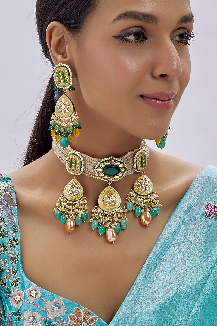 Gold Finish Kundan Polki & Semi-Precious Stone Choker Necklace Set by Tad Accessories at Pernia's Pop Up Shop