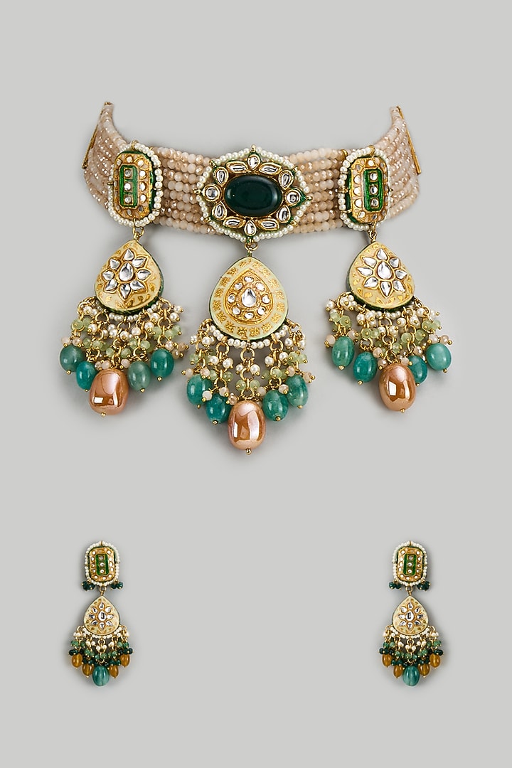 Gold Finish Kundan Polki & Semi-Precious Stone Choker Necklace Set by Tad Accessories at Pernia's Pop Up Shop