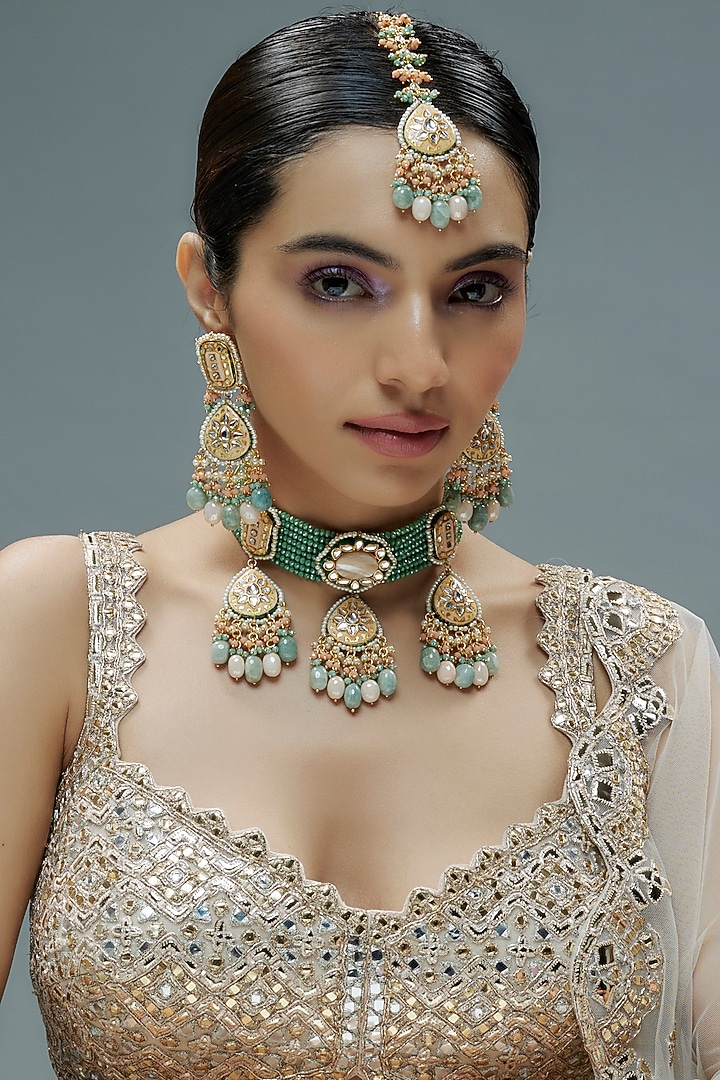 Gold Finish Kundan Polki & Semi-Precious Stone Choker Necklace Set by Tad Accessories at Pernia's Pop Up Shop