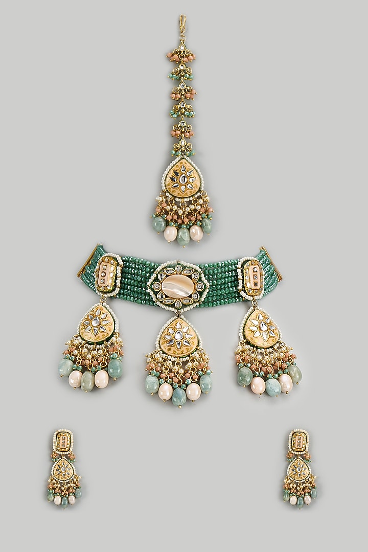 Gold Finish Kundan Polki & Semi-Precious Stone Choker Necklace Set by Tad Accessories at Pernia's Pop Up Shop
