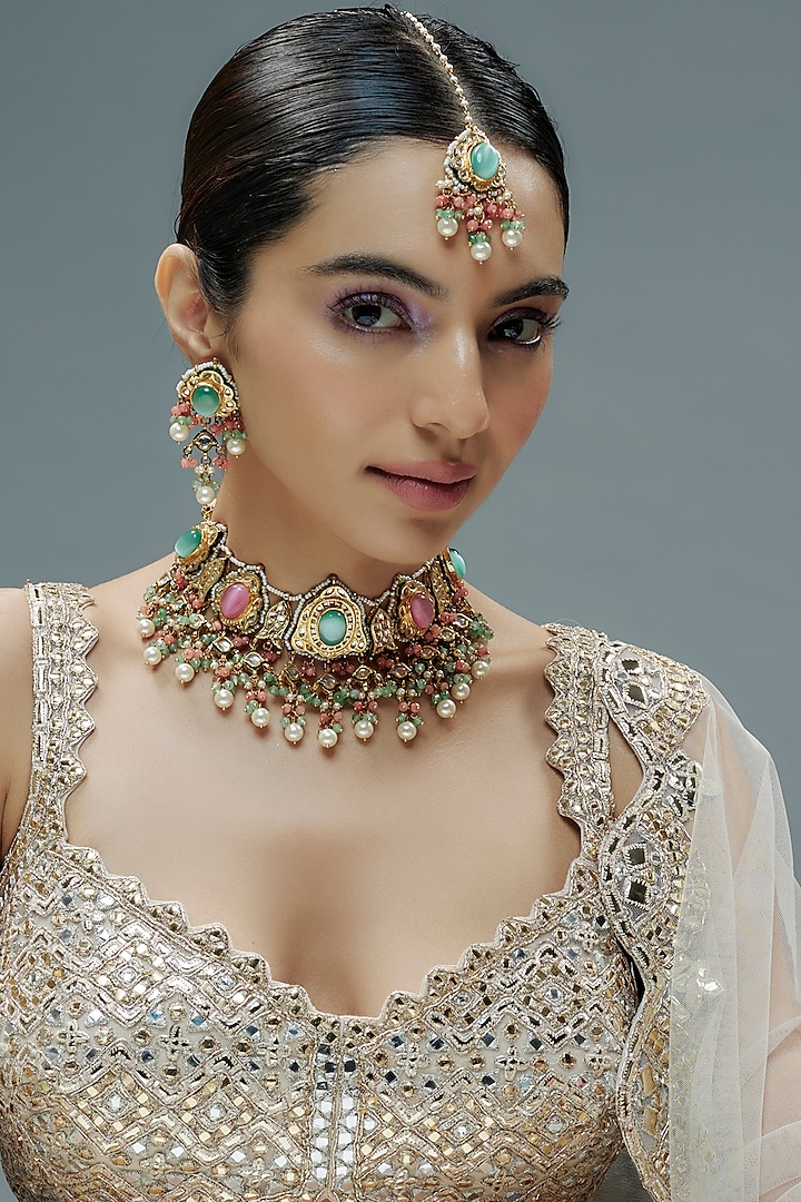 Gold Finish Kundan Polki & Semi-Precious Stone Choker Necklace Set by Tad Accessories at Pernia's Pop Up Shop