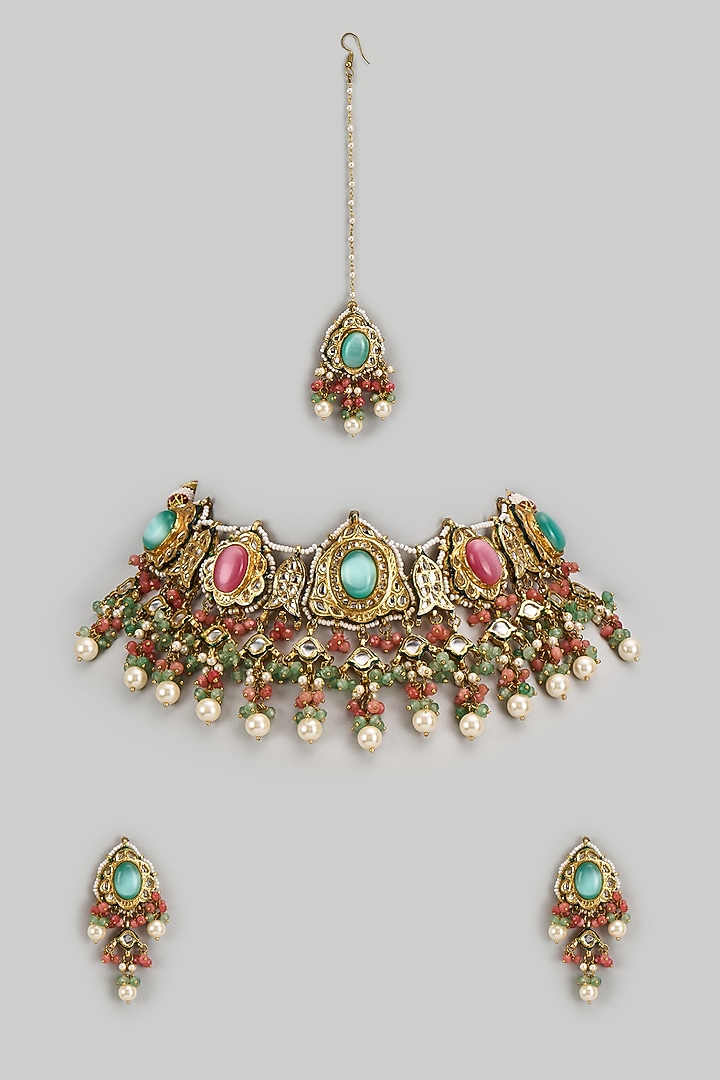 Gold Finish Kundan Polki & Semi-Precious Stone Choker Necklace Set by Tad Accessories at Pernia's Pop Up Shop