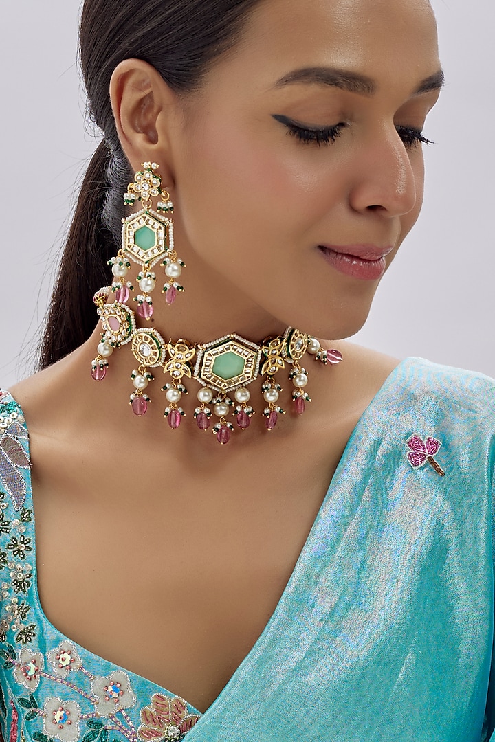 Gold Finish Kundan Polki & Semi-Precious Stone Choker Necklace Set by Tad Accessories at Pernia's Pop Up Shop