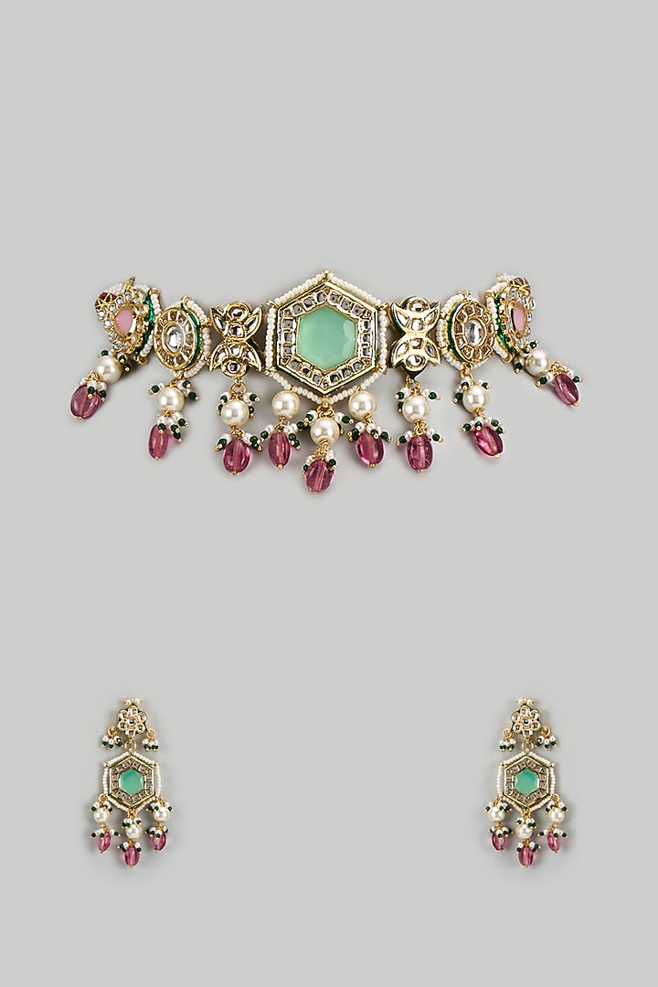 Gold Finish Kundan Polki & Semi-Precious Stone Choker Necklace Set by Tad Accessories at Pernia's Pop Up Shop
