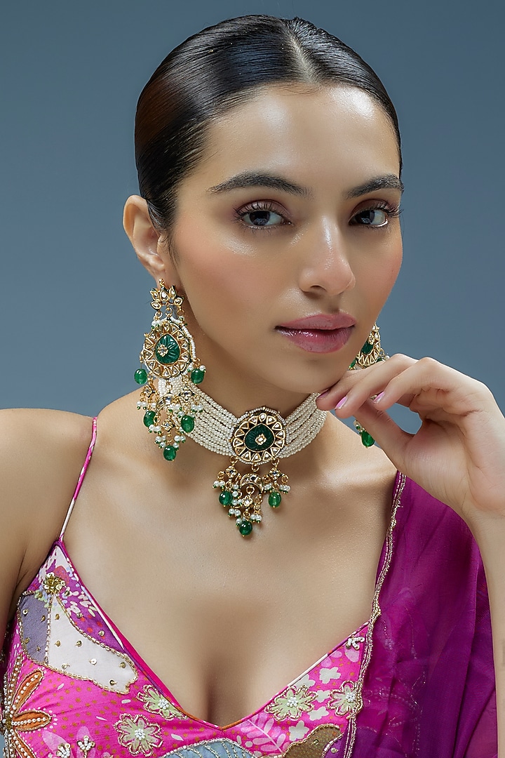 Gold Finish Kundan Polki & Semi-Precious Stone Choker Necklace Set by Tad Accessories at Pernia's Pop Up Shop