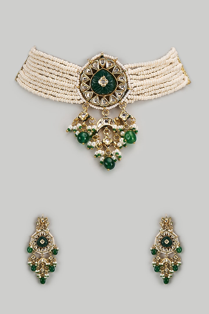 Gold Finish Kundan Polki & Semi-Precious Stone Choker Necklace Set by Tad Accessories at Pernia's Pop Up Shop