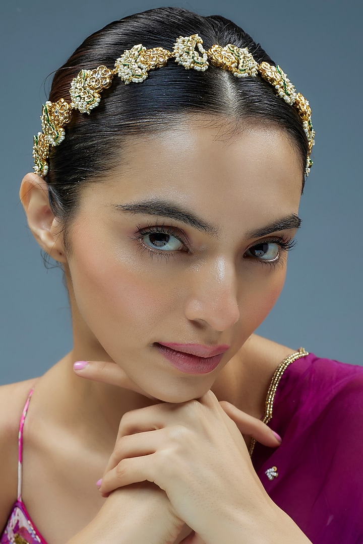Gold Finish Kundan Polki Mathapatti by Tad Accessories at Pernia's Pop Up Shop