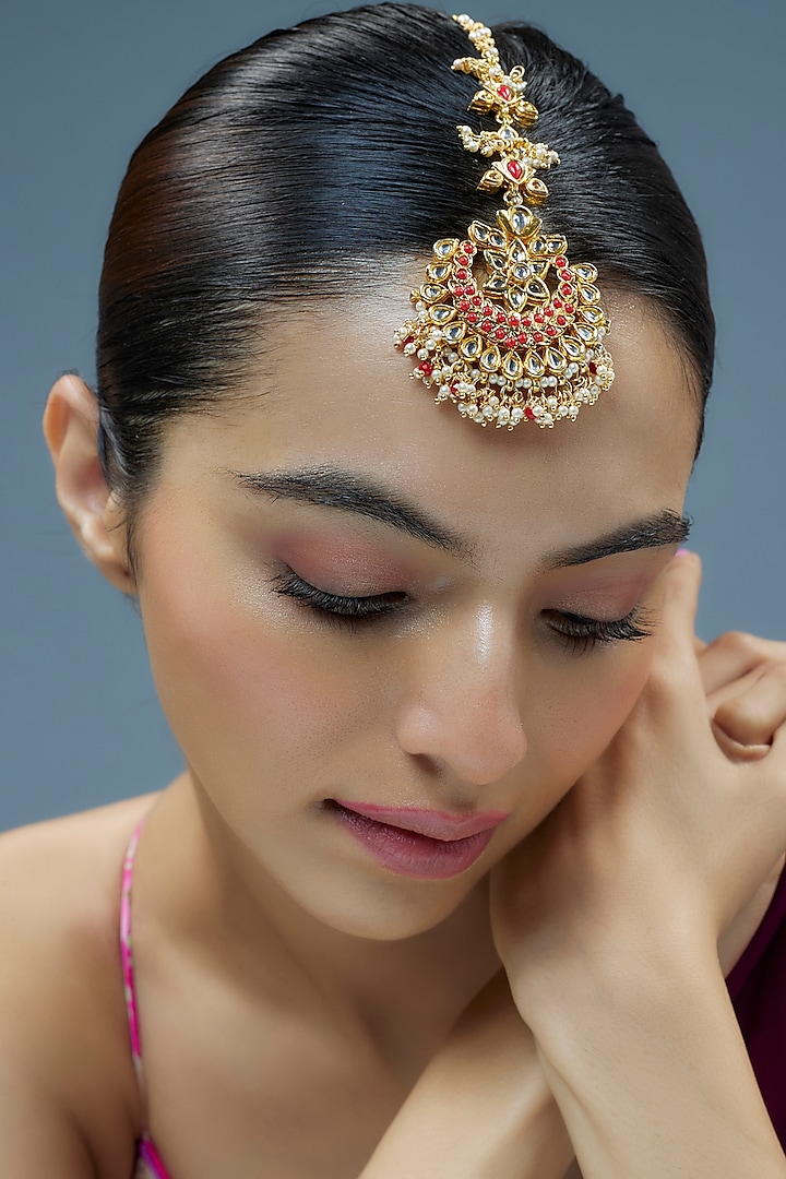 Gold Finish Kundan Polki Maangtikka by Tad Accessories at Pernia's Pop Up Shop