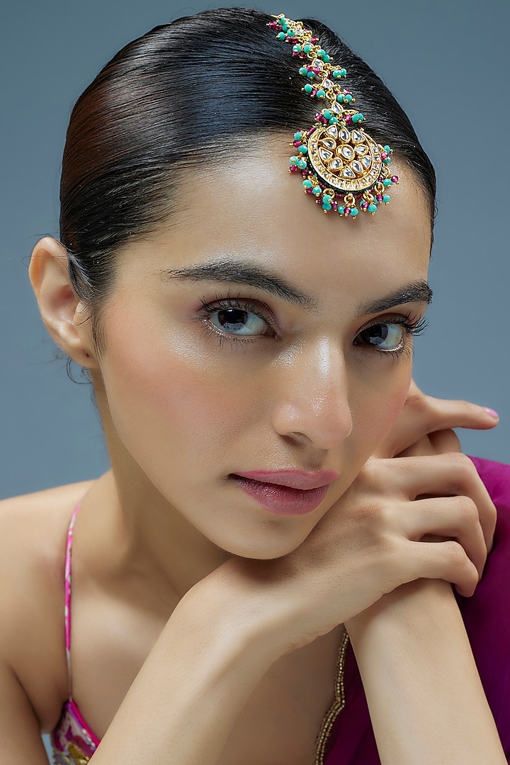 Gold Finish Kundan Polki Maangtikka by Tad Accessories at Pernia's Pop Up Shop