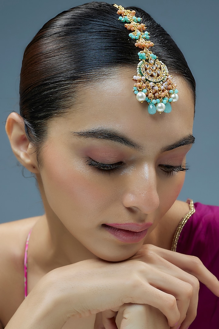 Gold Finish Kundan Polki Maangtikka by Tad Accessories at Pernia's Pop Up Shop