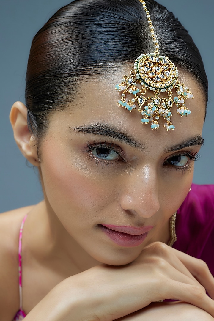 Gold Finish Kundan Polki Maangtikka by Tad Accessories at Pernia's Pop Up Shop