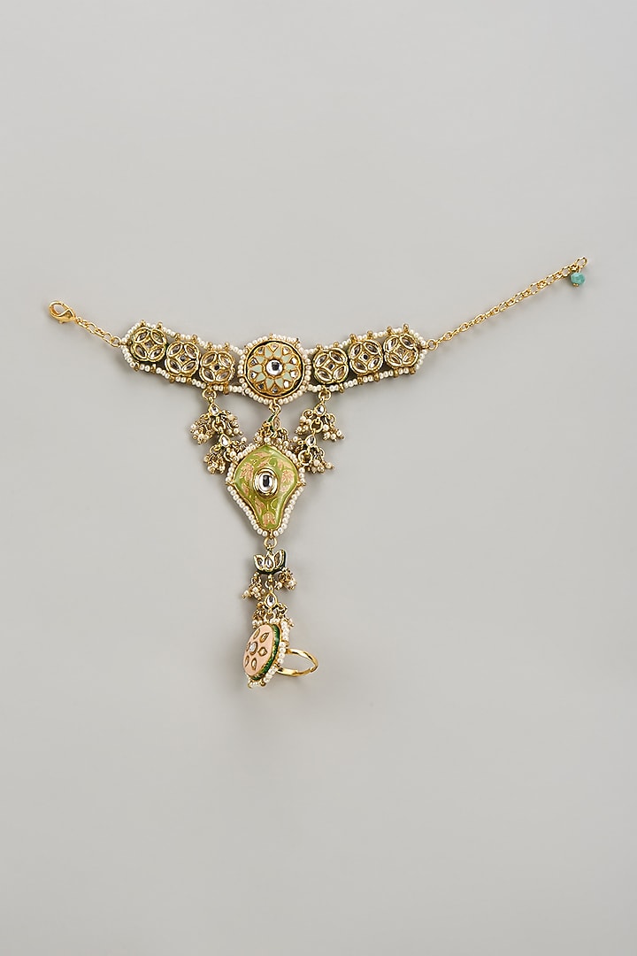 Gold Finish Kundan Polki Hathphool by Tad Accessories at Pernia's Pop Up Shop