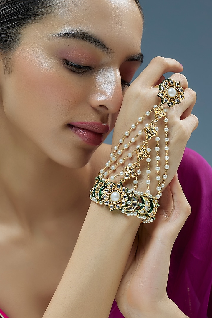 Gold Finish Kundan Polki Hathphool by Tad Accessories at Pernia's Pop Up Shop