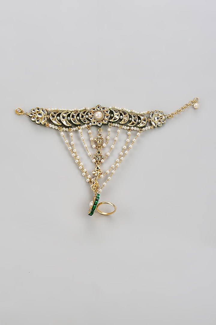 Gold Finish Kundan Polki Hathphool by Tad Accessories at Pernia's Pop Up Shop