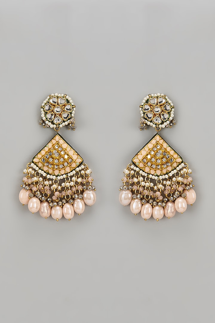 Gold Finish Peach Kundan Polki Dangler Earrings by Tad Accessories at Pernia's Pop Up Shop