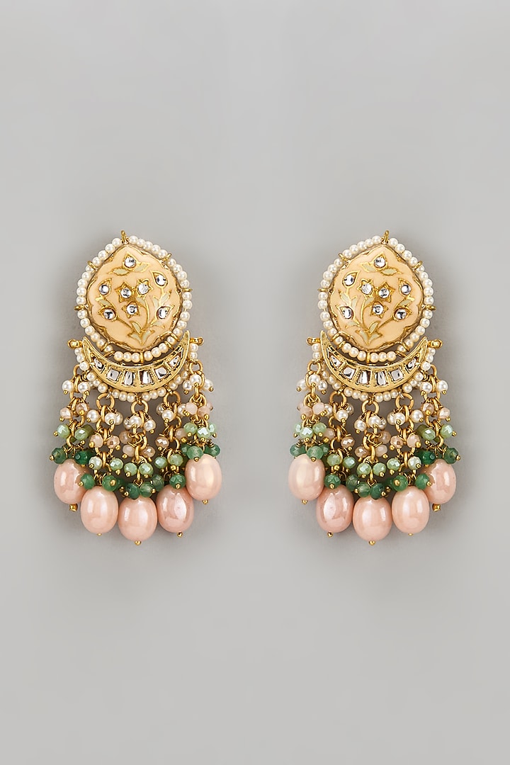 Gold Finish Peach Kundan Polki Dangler Earrings by Tad Accessories at Pernia's Pop Up Shop