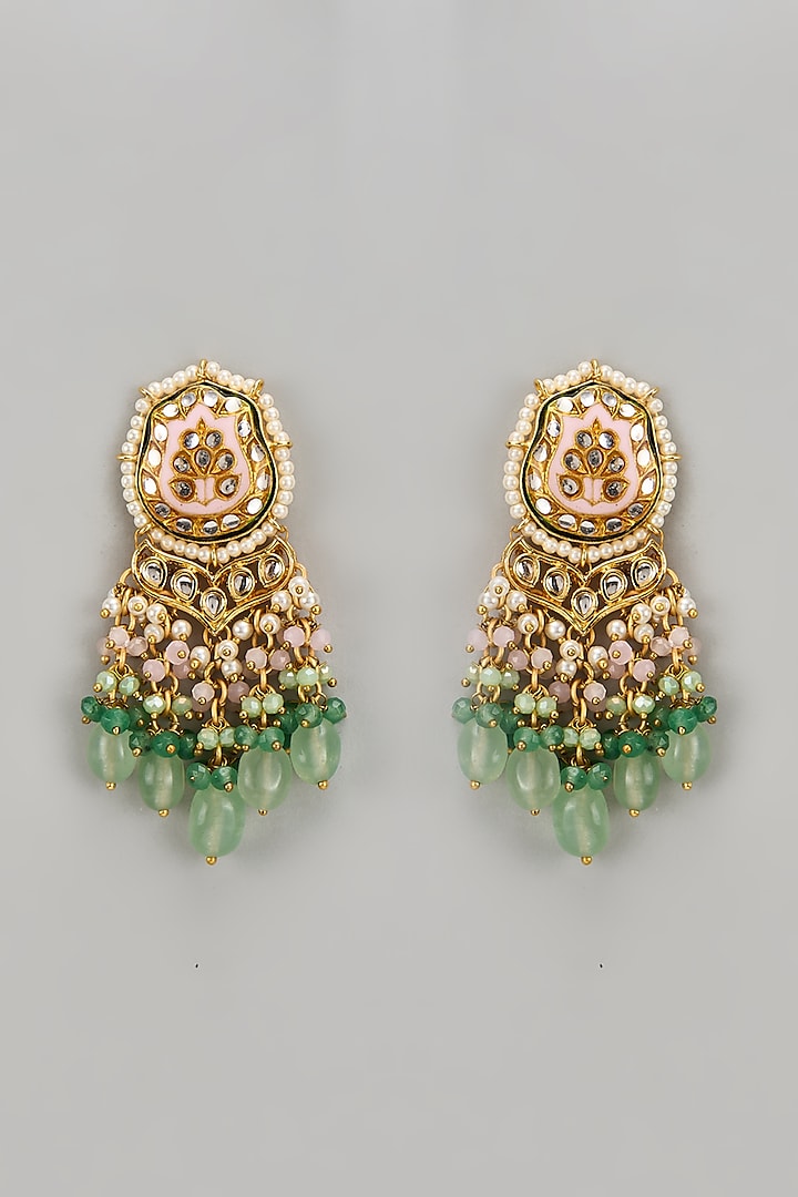 Gold Finish Green Kundan Polki Dangler Earrings by Tad Accessories at Pernia's Pop Up Shop