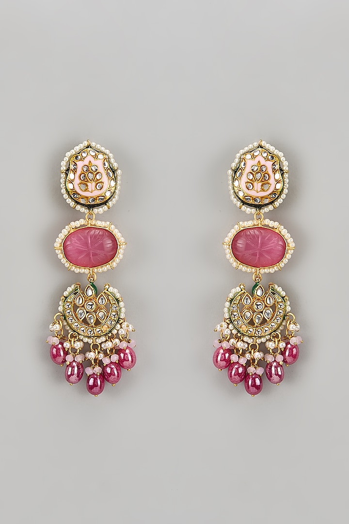 Gold Finish Pink Kundan Polki Dangler Earrings by Tad Accessories at Pernia's Pop Up Shop