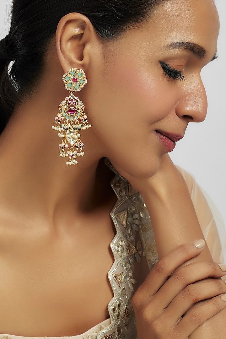 Gold Finish Kundan Polki Dangler Earrings by Tad Accessories at Pernia's Pop Up Shop