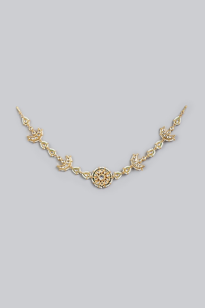 Gold Finish Kundan Polki & Faux Pearls Mathapatti by Tad Accessories at Pernia's Pop Up Shop