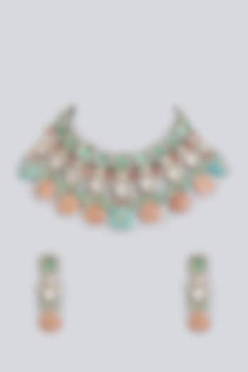 Two Tone Finish Kundan Polki & Semi Precious Stones Necklace Set With Maangtikka by Tad Accessories
