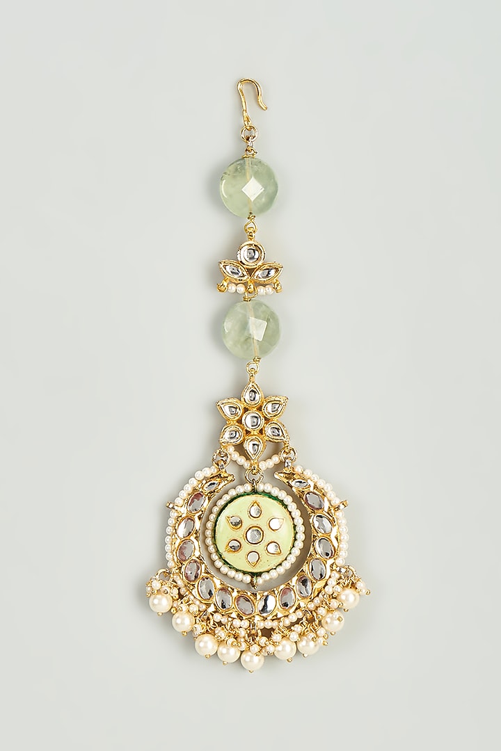 Gold Finish Kundan Polki & Semi-Precious Stone Maang Tikka by Tad Accessories at Pernia's Pop Up Shop