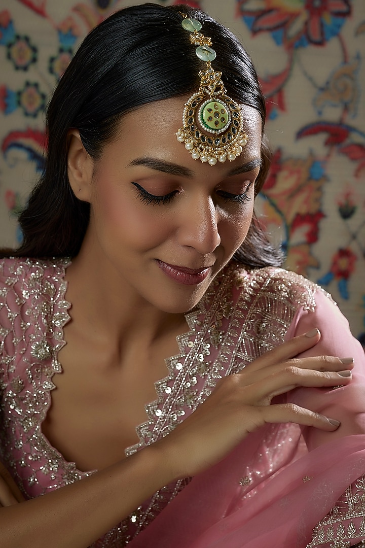 Gold Finish Kundan Polki & Semi-Precious Stone Maang Tikka by Tad Accessories at Pernia's Pop Up Shop