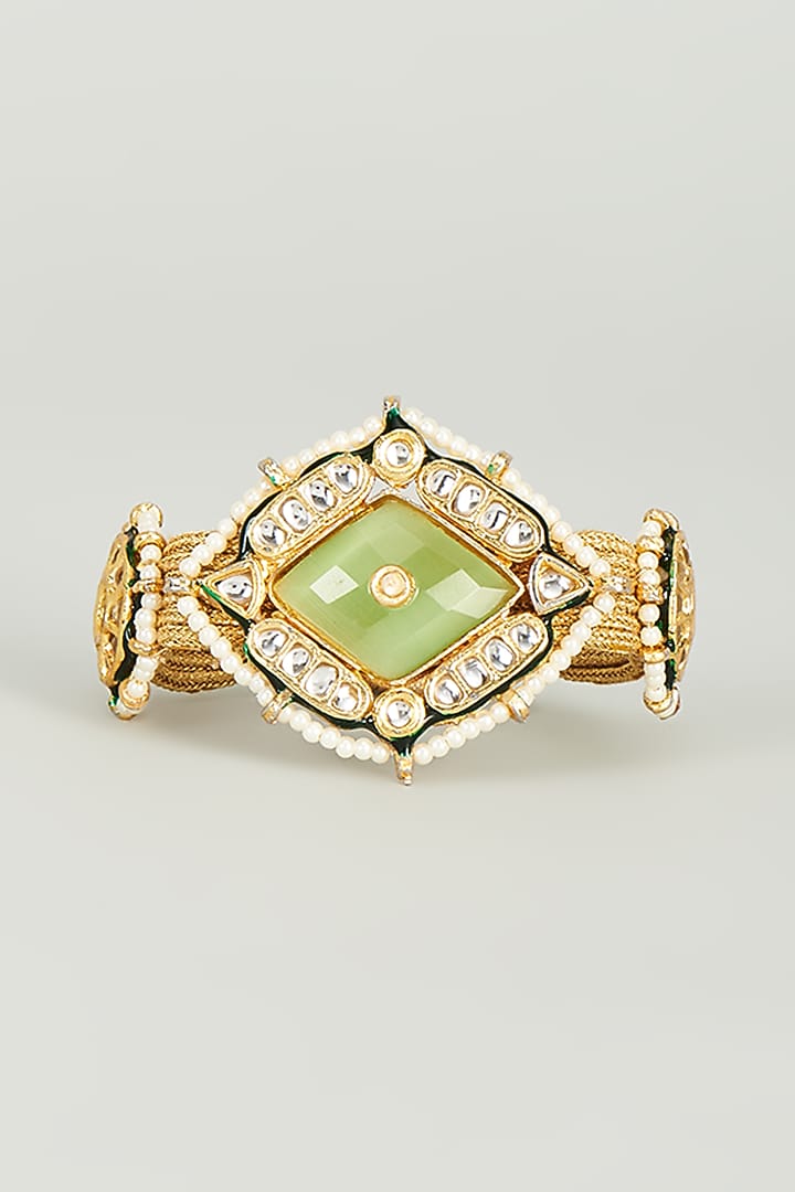 Gold Finish Kundan Polki & Aqua Green Semi-Precious Stone Bracelet by Tad Accessories at Pernia's Pop Up Shop