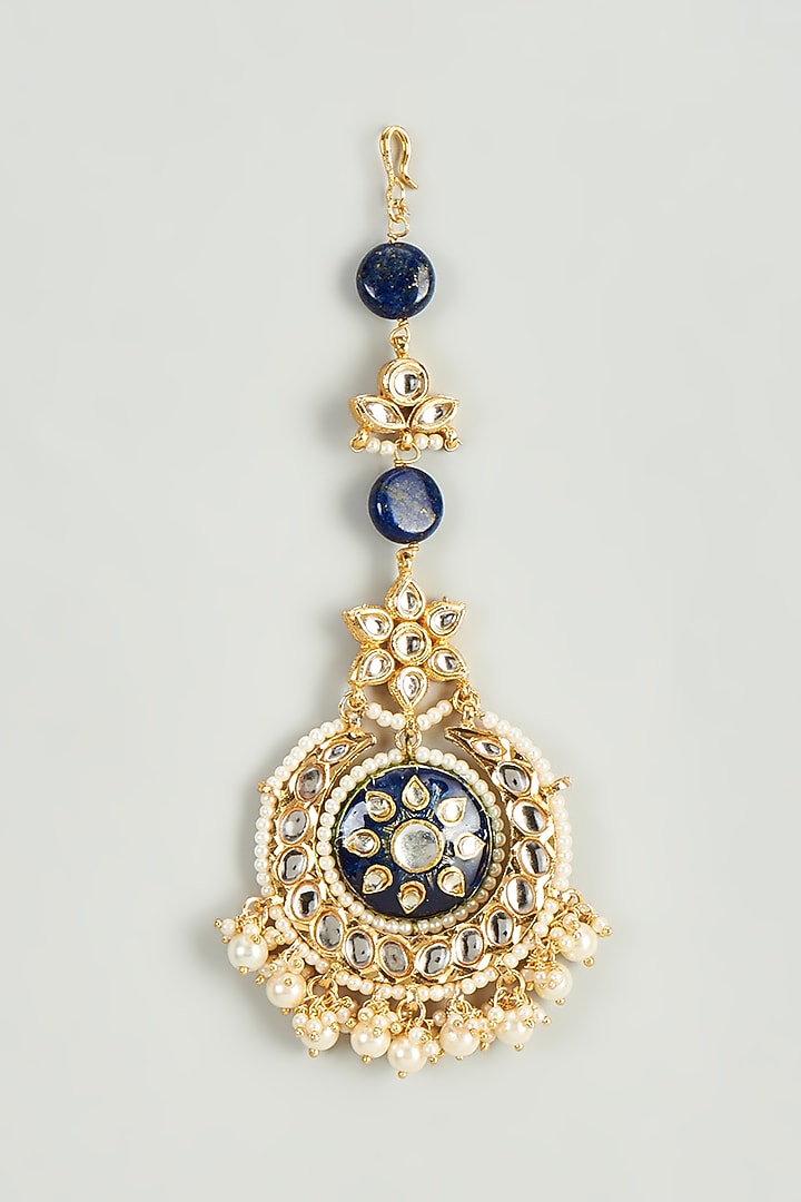 Gold Finish Kundan Polki Blue Semi-Precious Stone Maang Tikka by Tad  Accessories at Pernia's Pop Up Shop