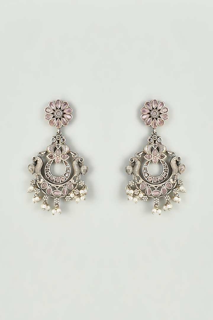 Antique Silver Finish Kundan Polki & Faux Pearls Chandbali Earrings by Tad Accessories at Pernia's Pop Up Shop