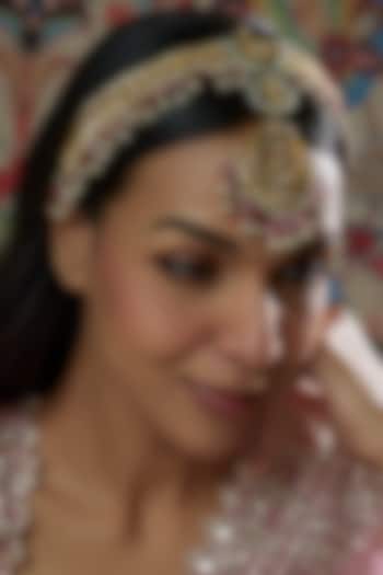 Gold Finish Kundan Polki & Pink Stone Mathapatti by Tad Accessories at Pernia's Pop Up Shop