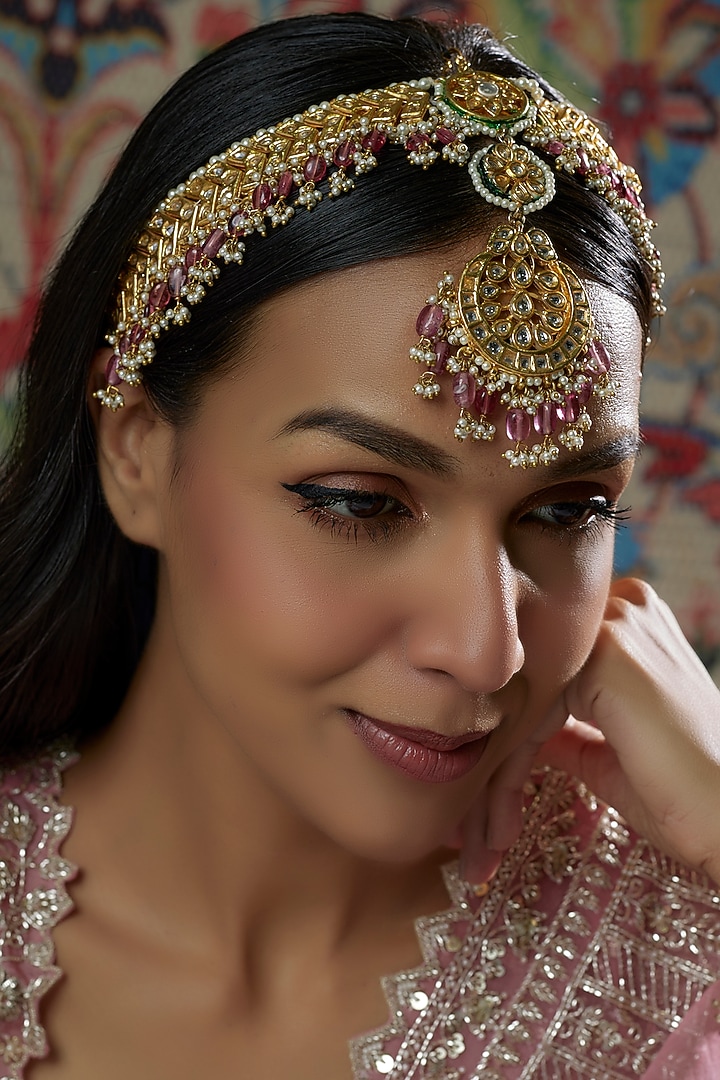 Gold Finish Kundan Polki & Pink Stone Mathapatti by Tad Accessories at Pernia's Pop Up Shop