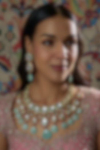 Gold Finish Kundan Polki & Aqua Green Semi-Precious Stone Necklace Set by Tad Accessories at Pernia's Pop Up Shop
