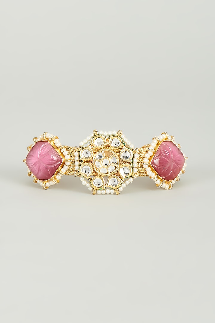 Gold Finish Kundan Polki & Pink Semi-Precious Stone Bracelet by Tad Accessories at Pernia's Pop Up Shop