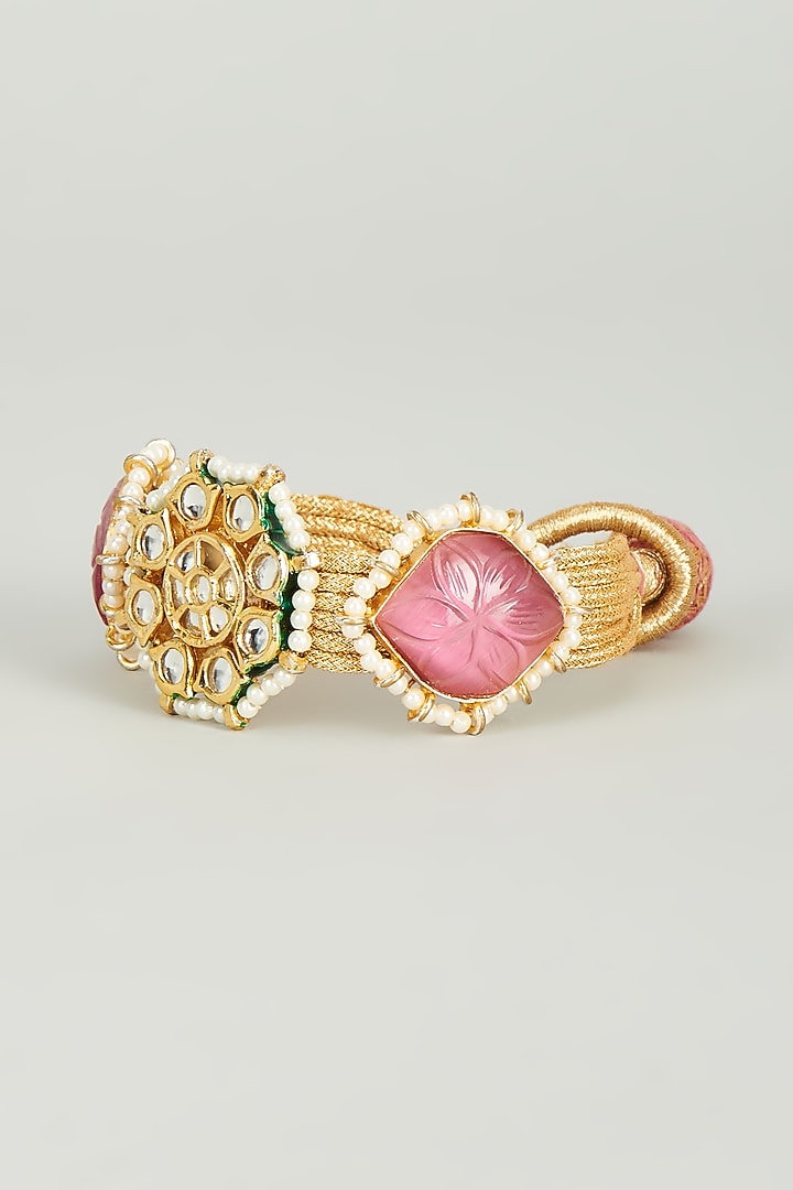 Gold Finish Kundan Polki & Pink Semi-Precious Stone Bracelet by Tad Accessories at Pernia's Pop Up Shop