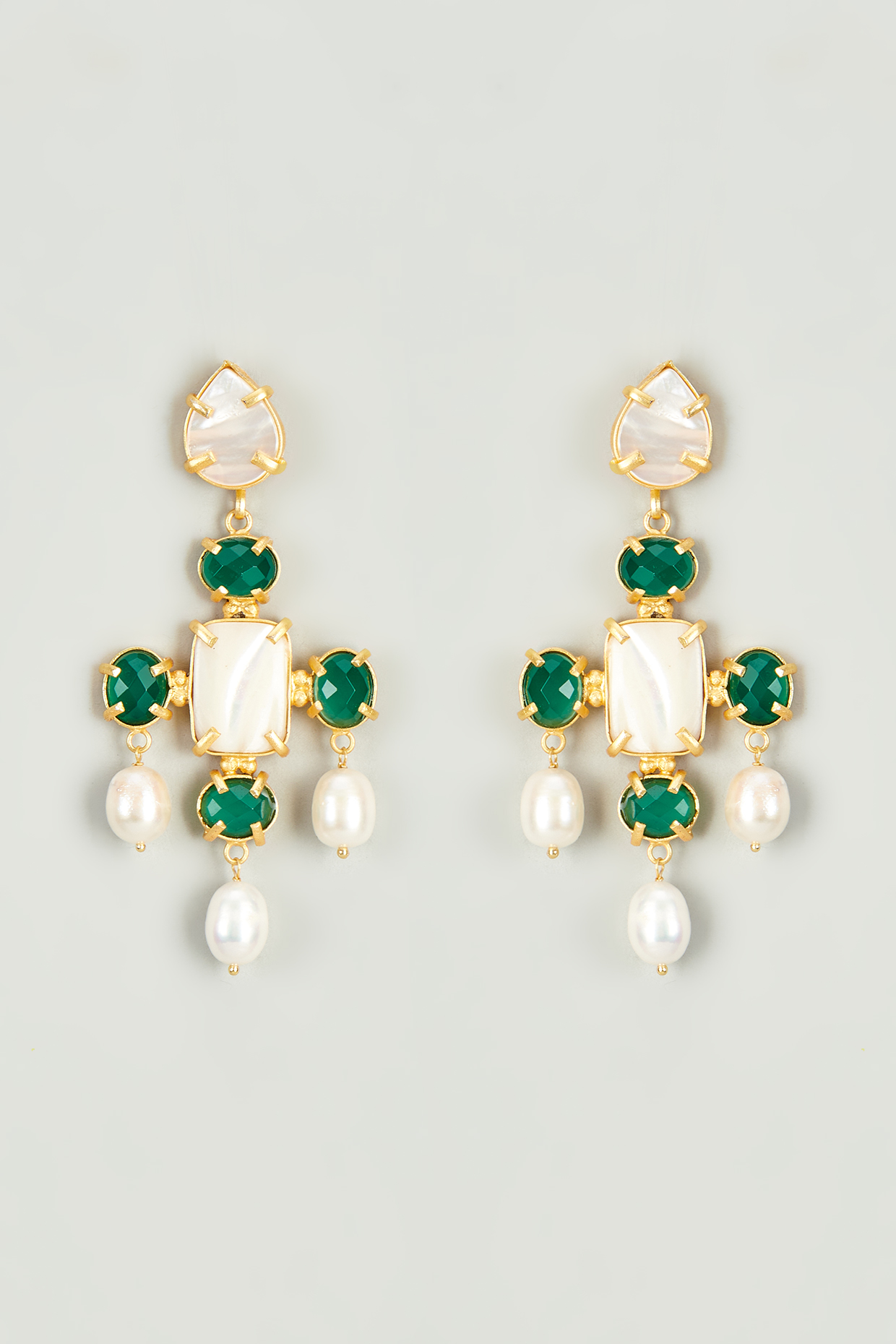 Gold Finish Pearls & Green Semi-Precious Stone Dangler Earrings by Tad Accessories at Pernia's Pop Up Shop