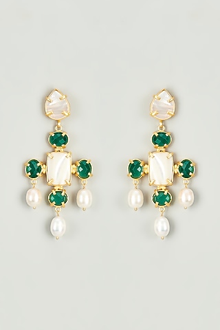 Gold Finish Pearls & Green Semi-Precious Stone Dangler Earrings by Tad Accessories