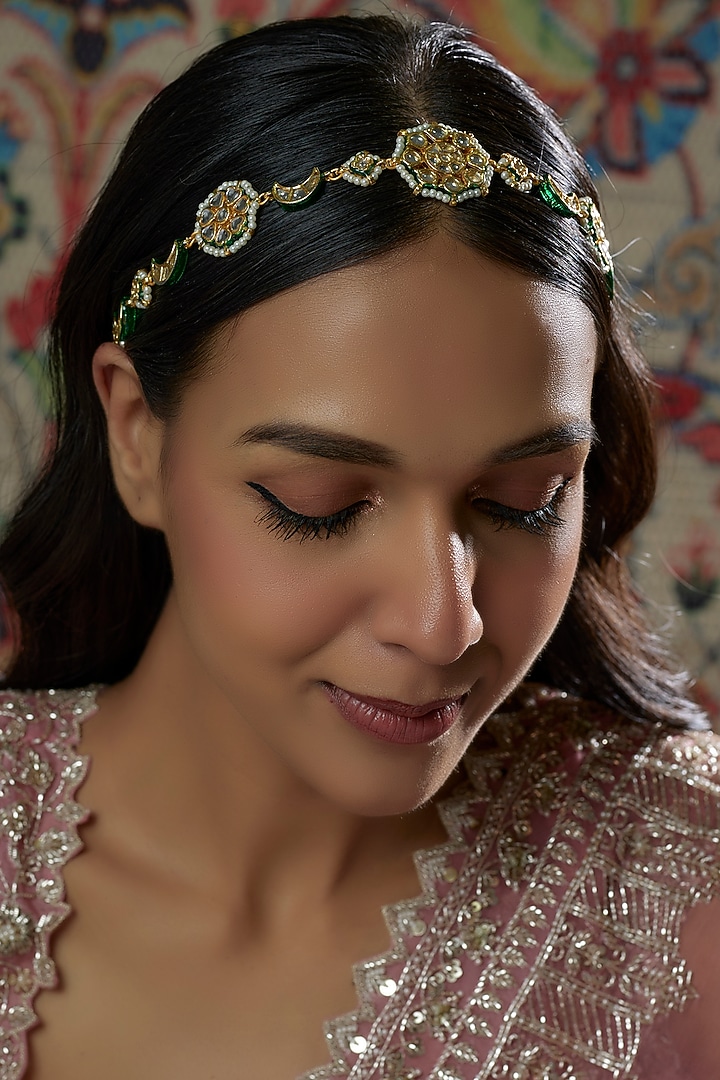 Gold Finish Kundan Polki Mathapatti by Tad Accessories at Pernia's Pop Up Shop