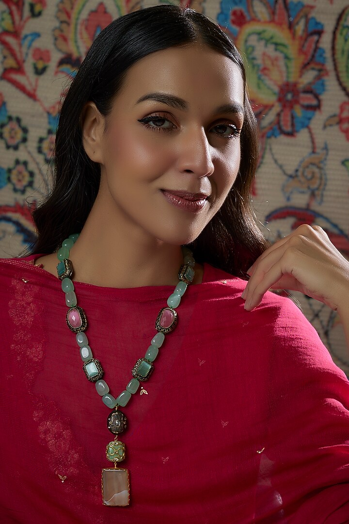 Gold Finish Aqua Green Kundan Polki & Agates Stone Necklace by Tad Accessories at Pernia's Pop Up Shop