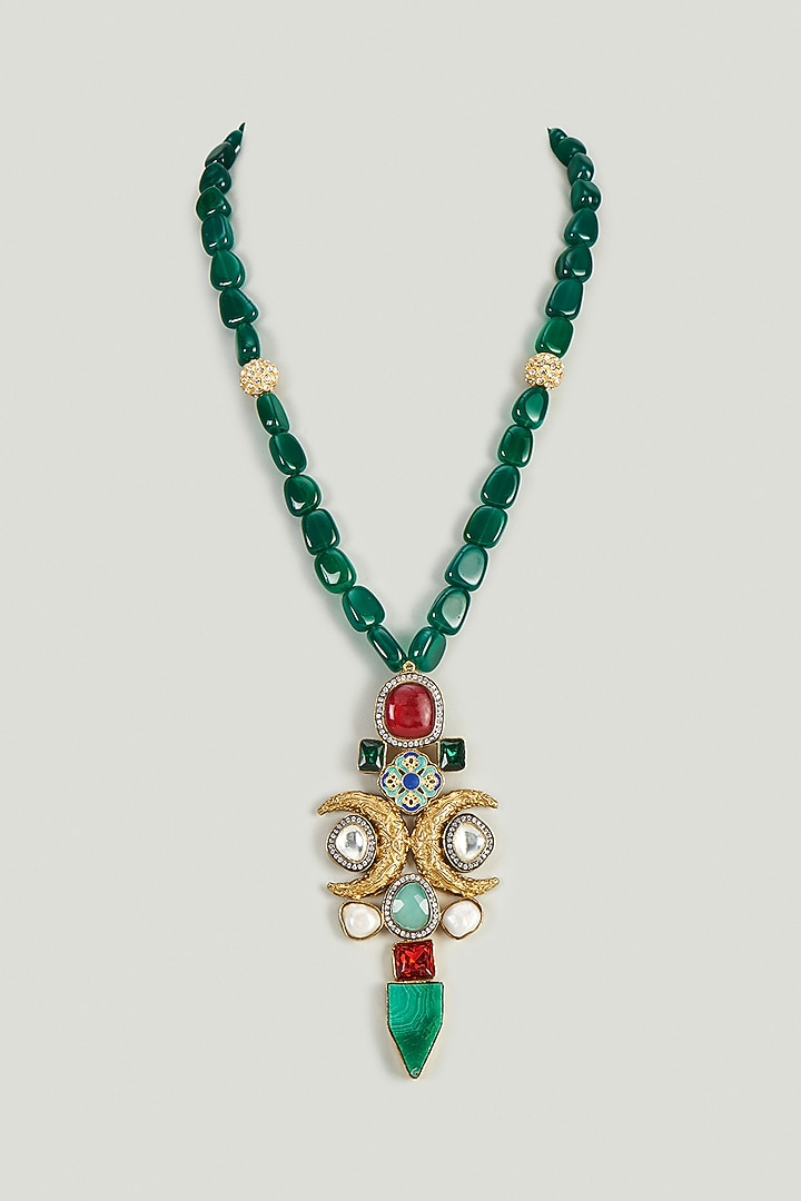 Gold Finish Green Kundan Polki & Agates Necklace by Tad Accessories at Pernia's Pop Up Shop